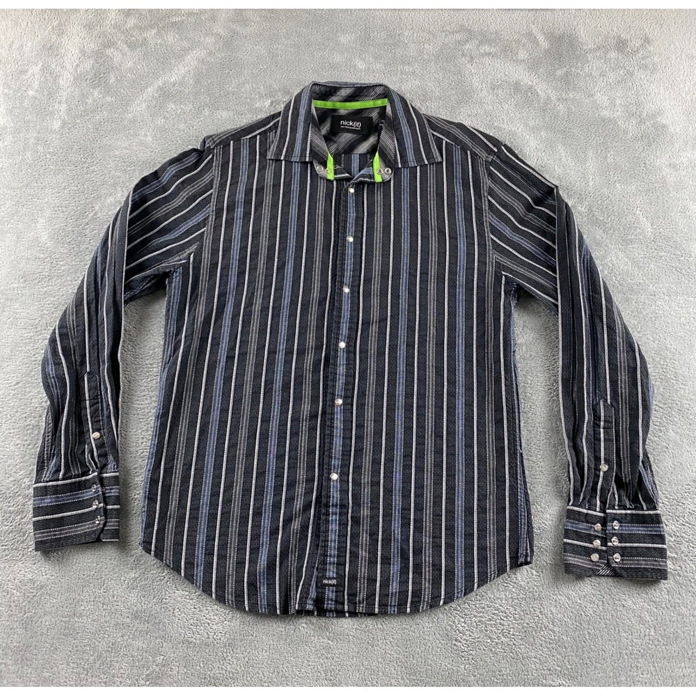 Nick(it) Womens Small Black Blue Striped Cotton Button Down Textured Shirt S